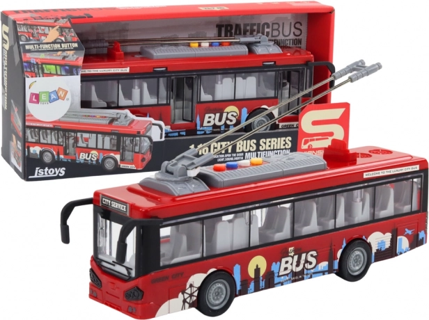 Czerwony trolejbus 1:16 ze światłami, dźwiękami i napędem frykcyjnym