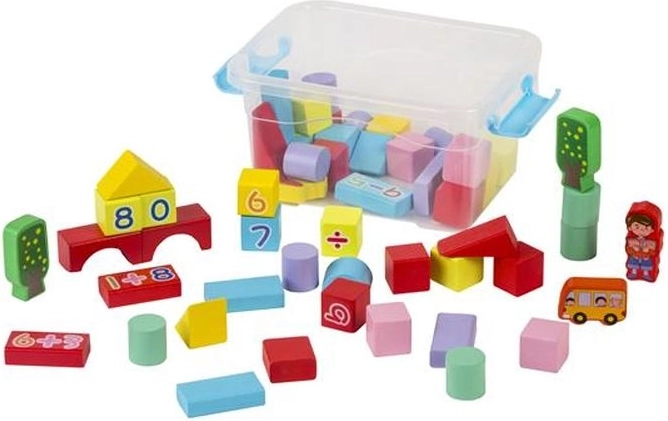 Drewniane kolorowe klocki w plastikowym pudełku 53 szt.