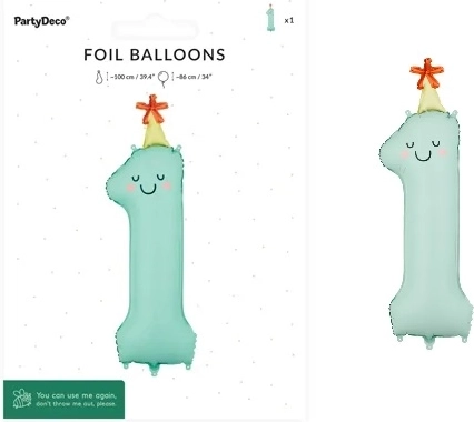 Foliowy balon cyfra 1 miętowy z buźką 86 cm