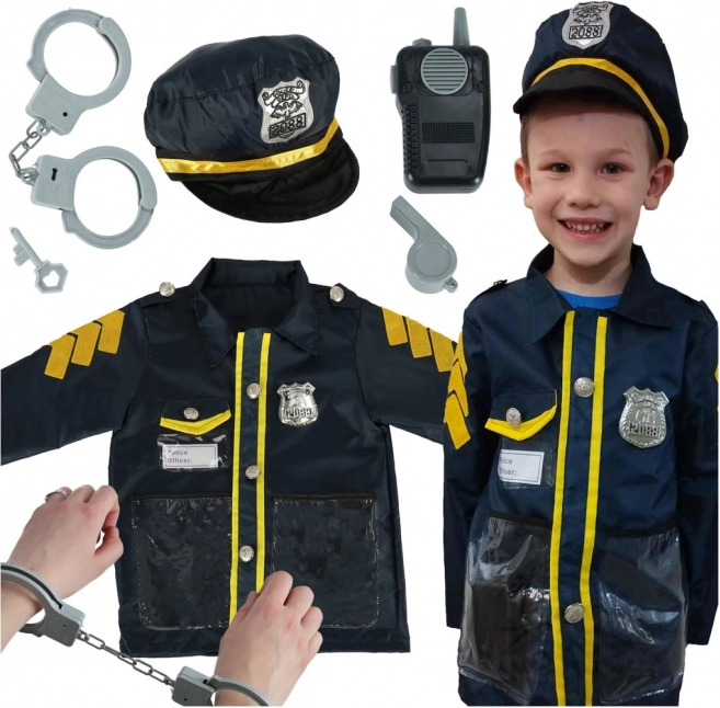 Dziecięcy karnawałowy kostium policjanta z zestawem akcesoriów, kajdanki i kapelusz, dla wieku 3-8 lat