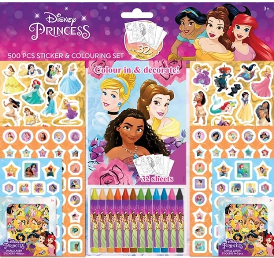 Disney Księżniczki – zestaw naklejek z kolorowankami i kredkami woskowymi (500 szt.)
