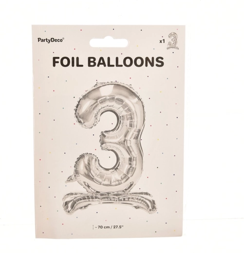 Stojący foliowy balon cyfra 3 srebrny 70 cm