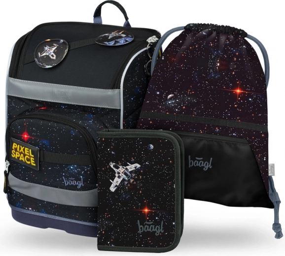 Zestaw szkolny BAAGL: Zippy Plus Pixel Space - tornister, piórnik, woreczek