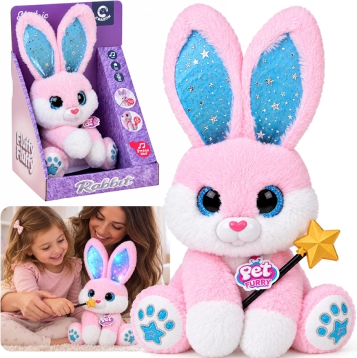 Interaktywny różowy pluszowy króliczek 30 cm – tańczy, świeci i gra z magiczną różdżką – 1 sztuka