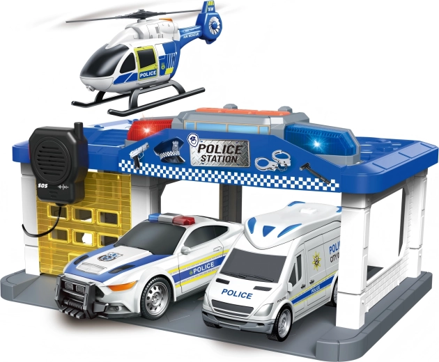 Posterunek policji z helikopterem, światłem i dźwiękiem