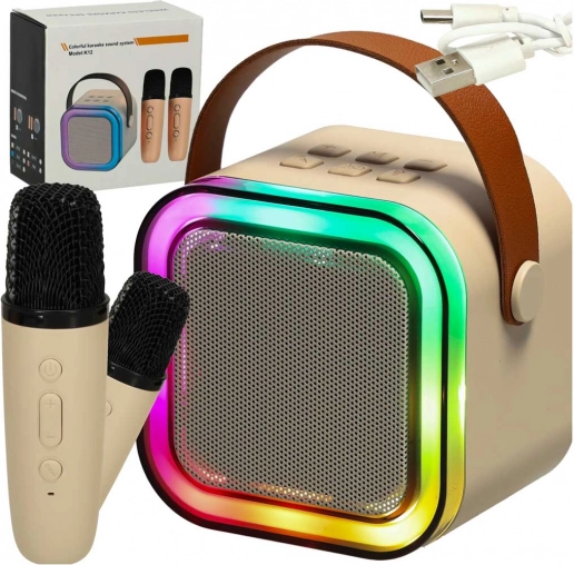 Zestaw karaoke z głośnikiem Bluetooth, 2 mikrofonami i podświetleniem LED 6 W – beżowy