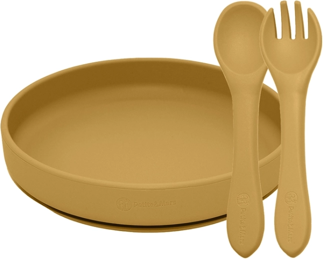 Petite&Mars jadalny zestaw silikonowy Take&Match talerz i sztućce intense ochre 6m+