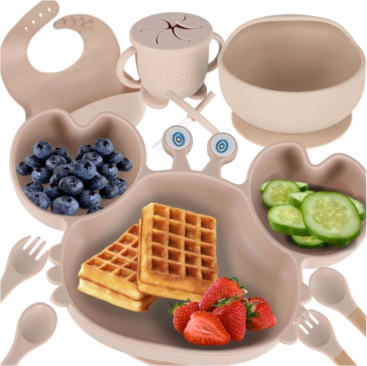 Silikonowy zestaw obiadowy dla dzieci krab, 9 elementów, beżowy