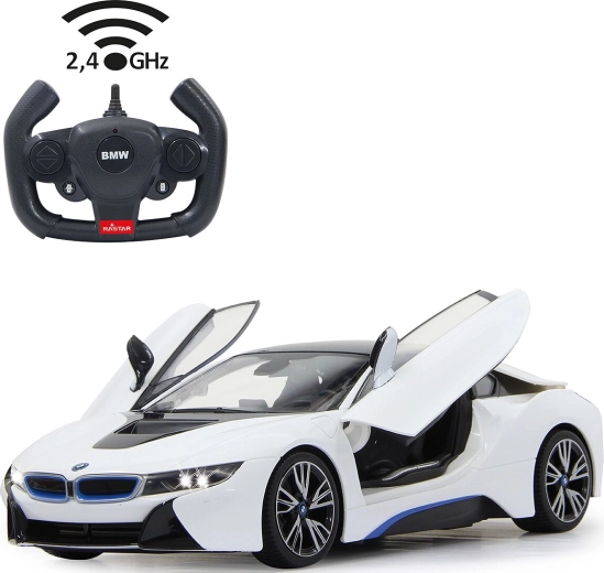 Jamara BMW i8 samochód zdalnie sterowany 1:14 biały, 2,4 GHz, z otwieranymi drzwiami