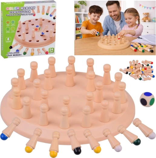 Drewniana gra pamięciowa kolory z kostką i kołeczkami
