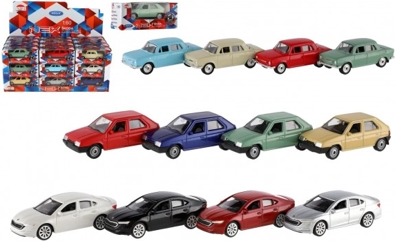 Model autko Škoda 1:60 od Welly, metal i plastik, 7 cm, wolnobieg, mix kolorów w pudełku