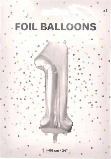 Foliowy balon w kształcie cyfry 1, srebrny 86 cm