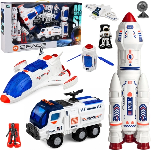 Duży zestaw kosmiczny: stacja, rakieta, wahadłowiec, pojazd badawczy i astronauci