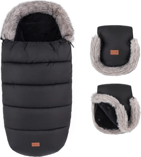Petite&Mars zestaw zimowy: śpiworek Comfy 4w1 i rękawice do wózka Furry forever black