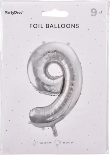 Srebrny balon foliowy cyfra 9 86 cm