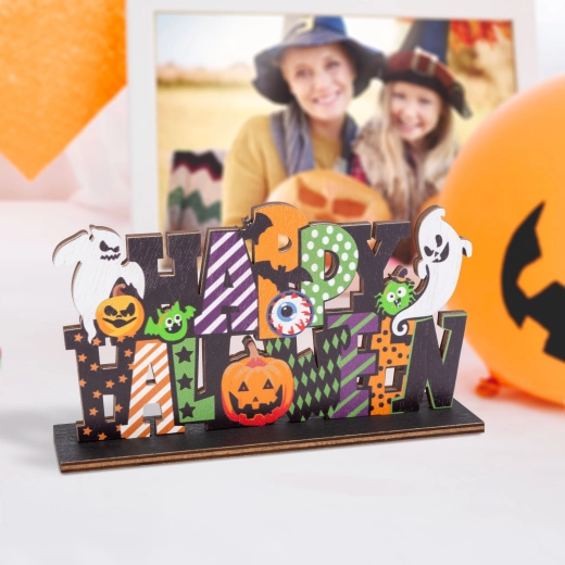 Drewniana dekoracja na półkę na Halloween Happy Halloween