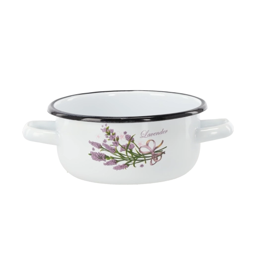 Emaliowany rondel z dwoma uchami 1,5 l, 16 cm, biały – motyw lawendy