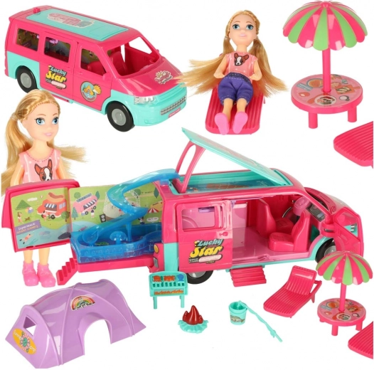 Kempingowa przyczepa kempingowa dla lalek z akcesoriami i basenem