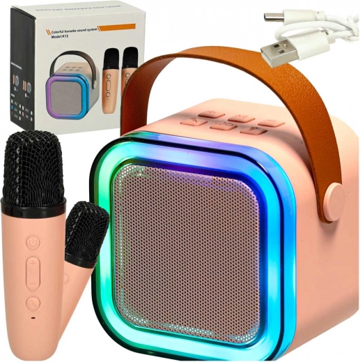 Zestaw karaoke z głośnikiem Bluetooth, 2 bezprzewodowymi mikrofonami i podświetleniem LED 6 W – różowy
