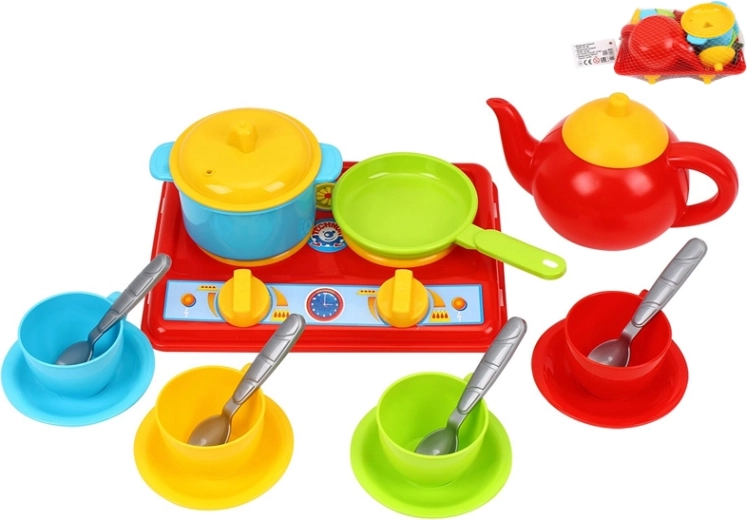 Dziecięca kuchenka ze sprzętem i naczyniami, 17‑elementowy zestaw w siatce