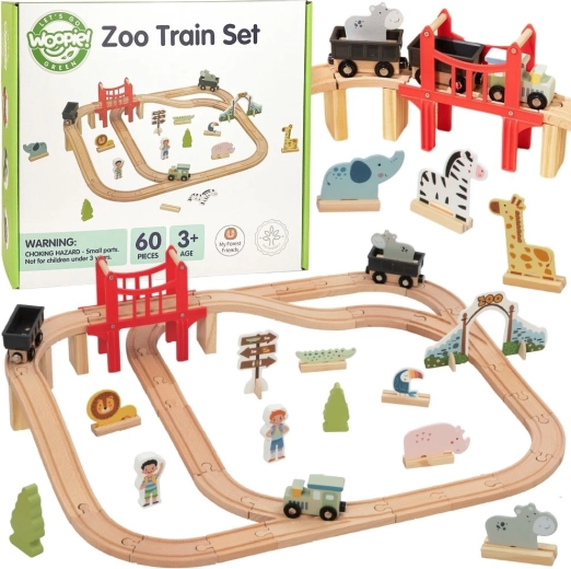 Woopie Green drewniana kolejka zoo XL – magnetyczny pociąg, most i 60 elementów, FSC