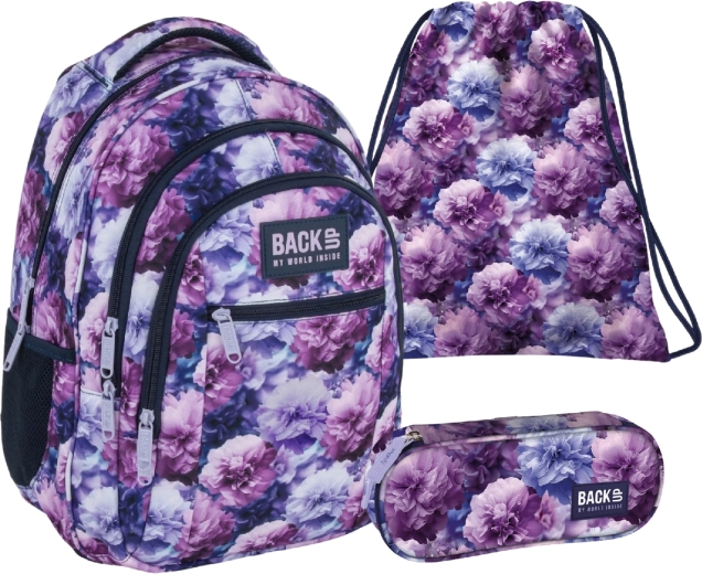 Zestaw szkolny BackUP Violet Flowers 3w1 – plecak, piórnik i worek