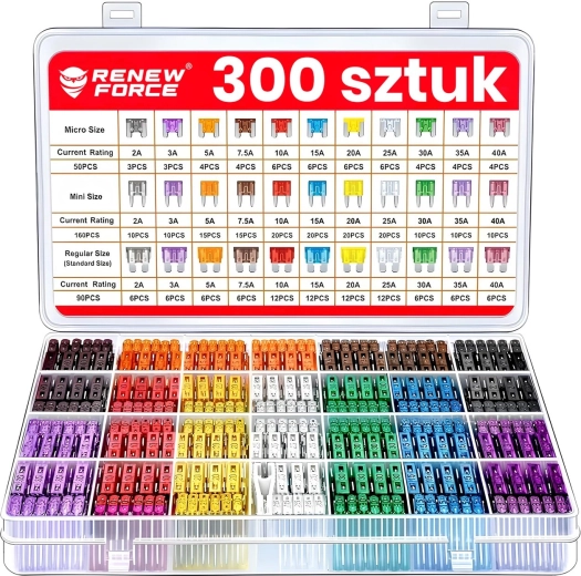 Zestaw bezpieczników samochodowych 300 szt. 2–40 A (micro/mini/standard) z organizerem i wyciągaczem