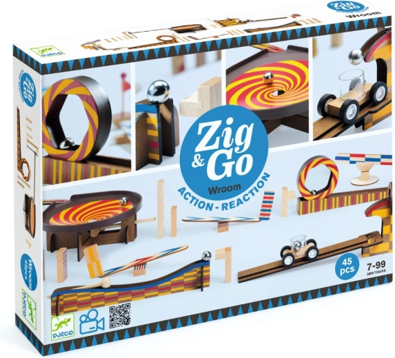 Drewniany tor kulkowy Djeco Zig & Go, 45 elementów