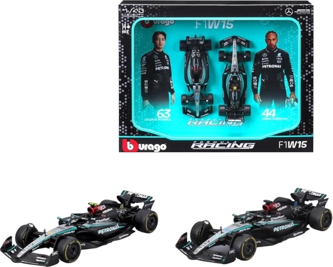 Bburago zestaw wyścigowy 1:43 MERCEDES-AMG F1 W15 – Lewis Hamilton i George Russell (2024)