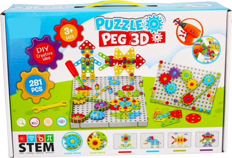 Kreatywny zestaw konstrukcyjny 3D z dziecięcą wiertarką Puzzle Peg (281 elementów)