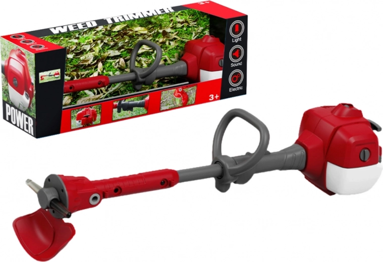 Czerwona dziecięca kosiarka ogrodowa z efektami