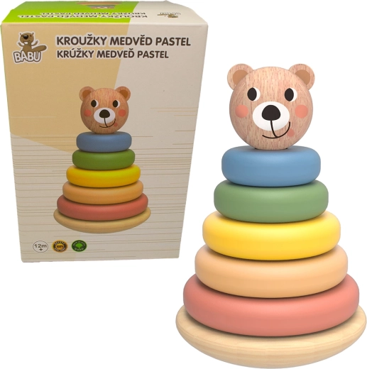 Babu drewniana układanka piramida z pastelowymi krążkami miś