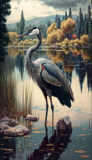 Malowanie diamentowe Żuraw nad jeziorem 30 × 40 cm