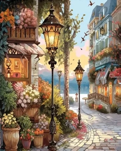NORIMPEX Malowanie po numerach Kwiaciarnia pod lampami 40 × 50 cm