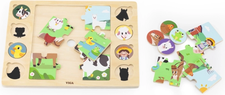 Drewniane puzzle na podstawce Viga – dopasuj cienie, farma
