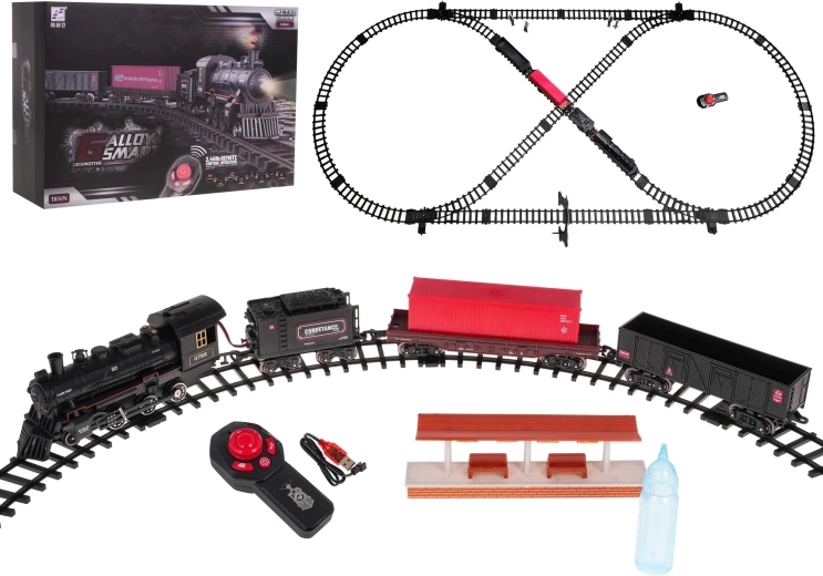 Kolejka z lokomotywą dymiącą, ze światłem i dźwiękiem