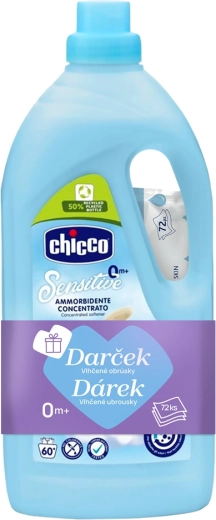 Chicco płyn do płukania Baby Sensitive Słodki puder 1,5 l (60 prań) + chusteczki nawilżane 72 szt.