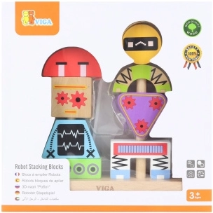 Drewniana układanka piramida ROBOTY z kartami wzorów, 8 elementów – VIGA