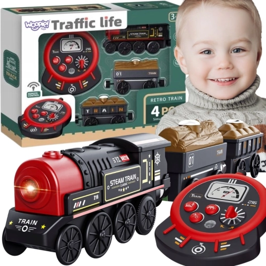 Woopie retro elektryczna lokomotywa zdalnie sterowana, 4‑częściowy zestaw z wagonami