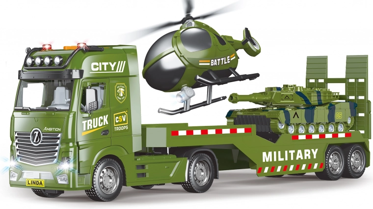 Wojskowa ciężarówka-laweta z helikopterem i efektami 55 cm