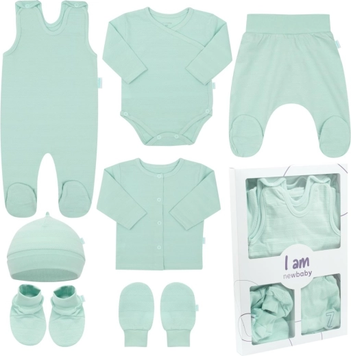 Wyprawka dla noworodka do szpitala NEW BABY I AM, miętowa, 7-częściowa