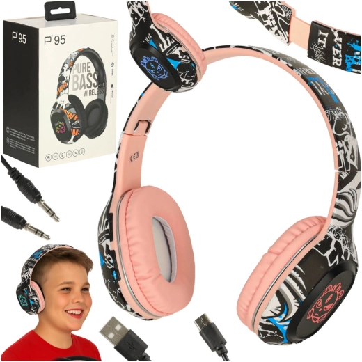Różowe bezprzewodowe słuchawki nauszne Bluetooth z podświetleniem RGB