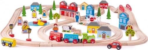 Drewniana kolejka miasto i wieś BIGJIGS RAIL, 91 elementów