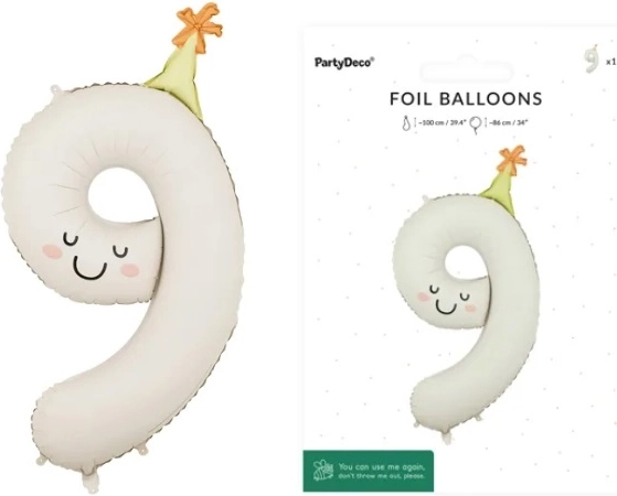 Foliowy balon cyfra 9 kremowy z buzią