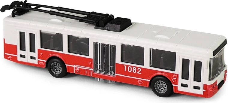 Czerwony trolejbus z napędem bezwładnościowym i otwieranymi drzwiami