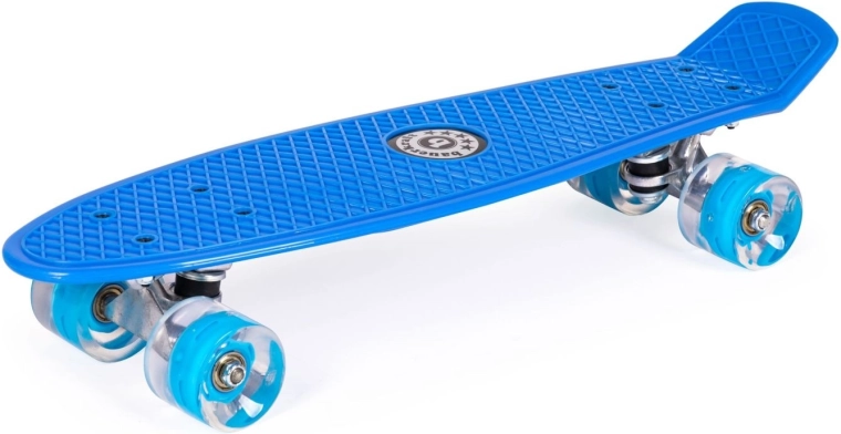 Niebieska fiszka (penny board) ze świecącymi kółkami LED