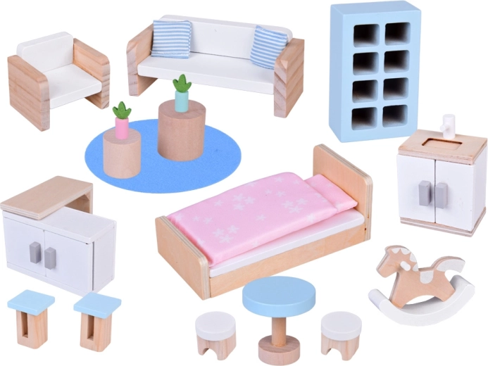 Bogaty zestaw drewnianych mebelków