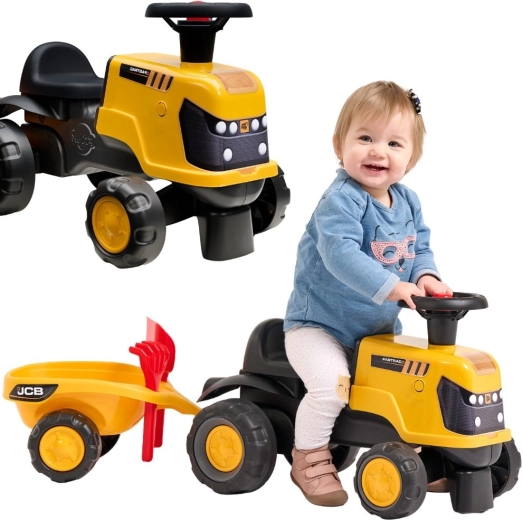 Jeździk traktor JCB Fastrac z przyczepą, łopatką i grabkami