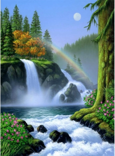 Mozaika diamentowa (diamond painting) wodospad z tęczą 30 × 40 cm - 1 sztuka