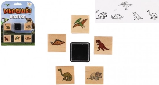Drewniane stempelki dinozaury 5+1 z poduszką, 3 × 3 cm